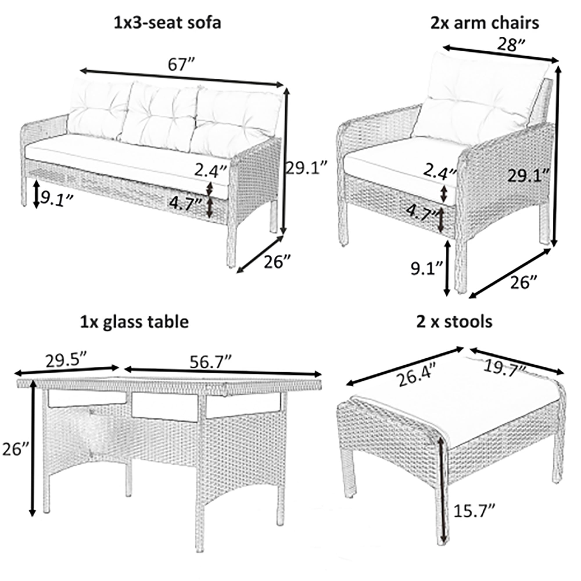 Kadyn 6 Piece All Weather Wicker PE Rattan Patio Outdoor Dining Conversation Set Sofa Set with Coffee Table, Sofa, Ottoman, Removable Cushions for Garden, Backyard, Porch, Poolside