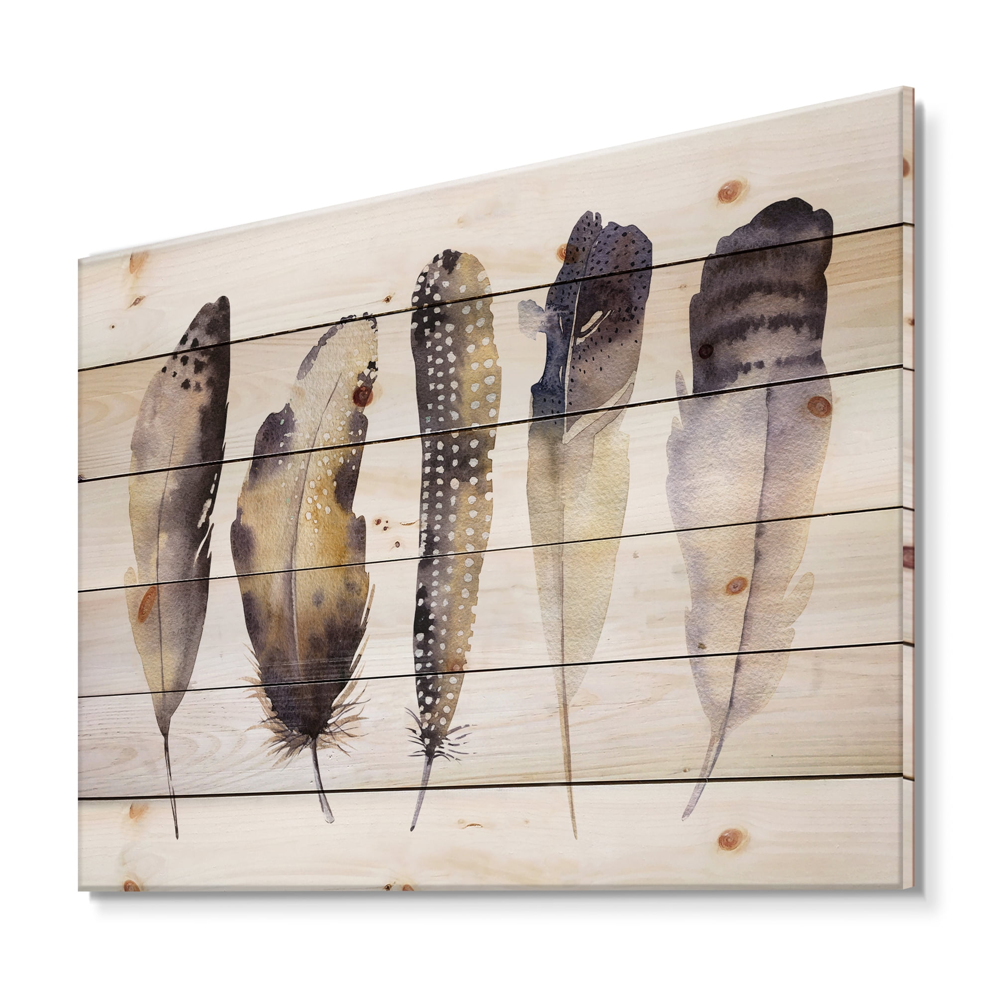 Designart 'Dark Gray Feathers Boho Ethnic I' Bohemian & Eclectic Print on Natural Pine Wood