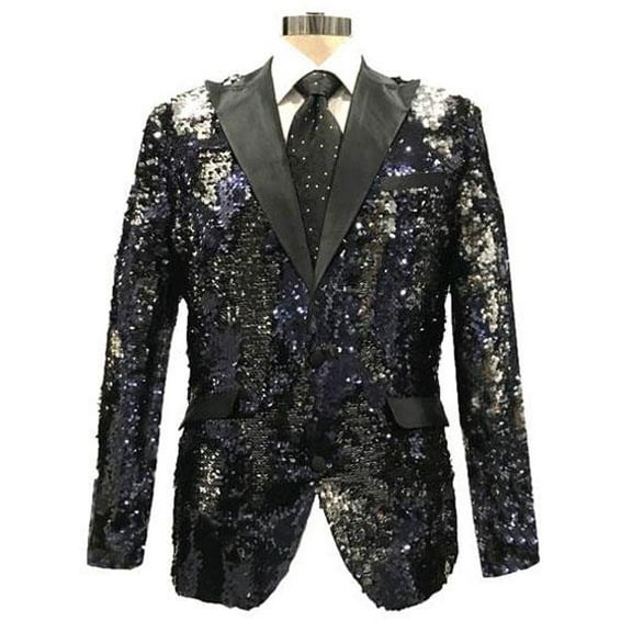 Mens Reversible Sequin Black & Silver Blazer With Black Satin Peak Lapel
