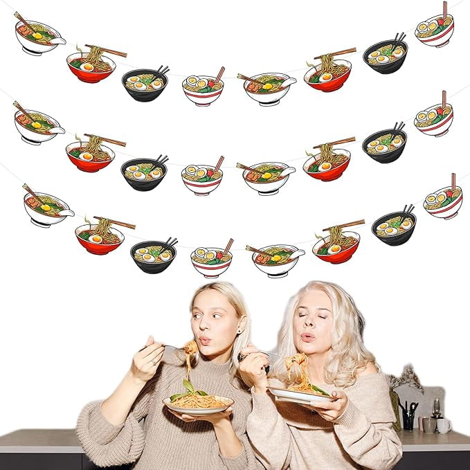 Ramen Party Decoration Banner Garland, 3 Pcs Japanese Noodles Birthday Party Decorations Ramen Banner Garland for Japanese Ramen Theme Birthday Party Baby Shower Supplies