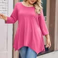 thumbnail image 4 of WTOBBY Plus Size Women's Solid Color Round Neck 3/4 Sleeve Tunic Top Basic Loose Fit Tee for Full Figure Comfort Everyday Fall Fashion,Hot Pink 2XL, 4 of 5