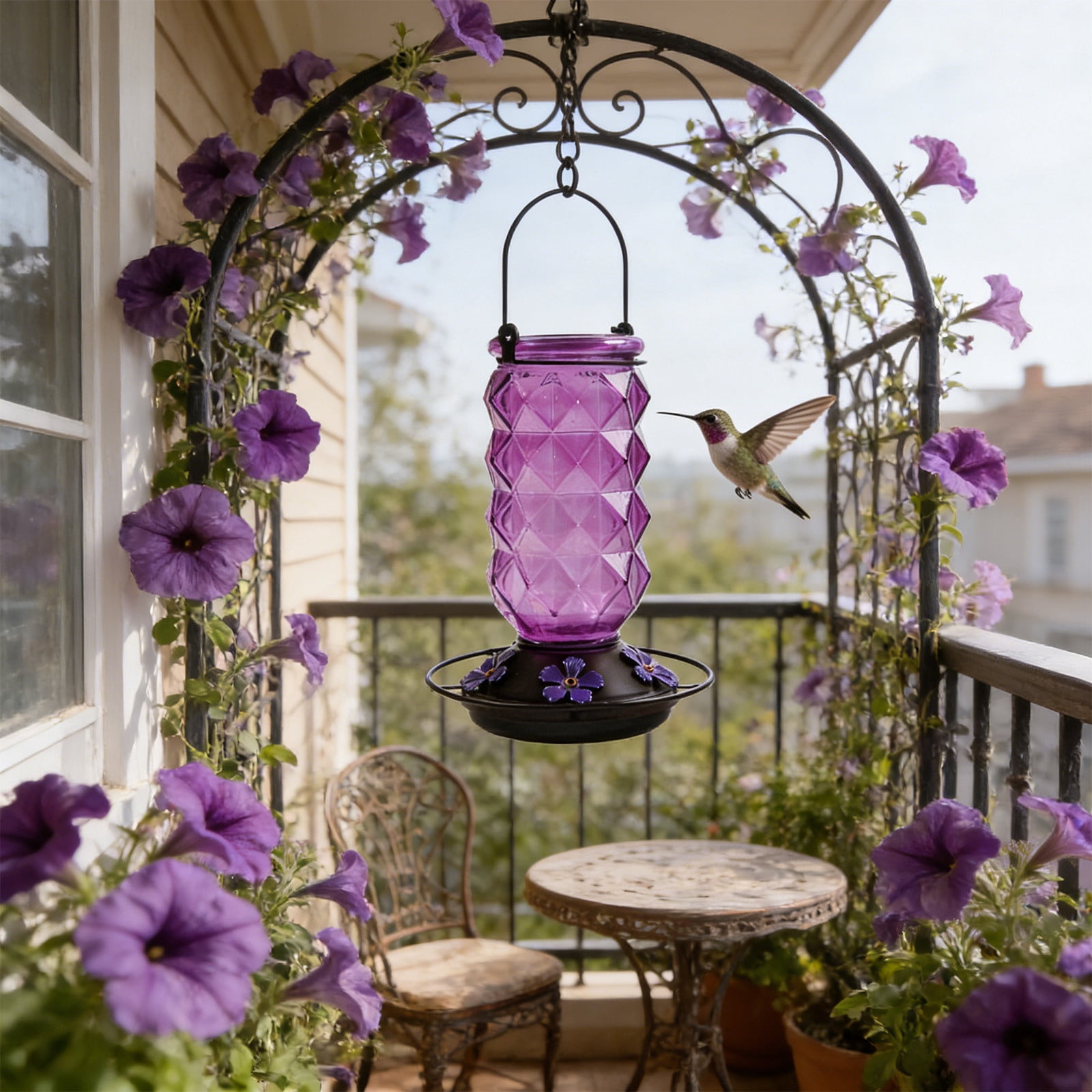 BZPIZ Hummingbird Feeders for Outdoors, Hanging Glass Bowl Hummingbird Feeder with Flower Shaped Feeding Ports, Bird Baths for Hummingbirds, Garden Patio Backyard Lawn Decor Purple