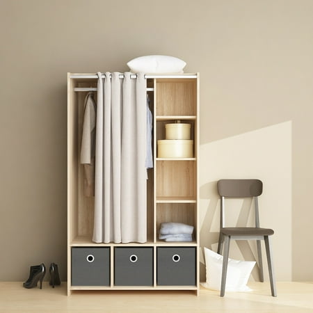 Tvilum Lola 3 Bin Armoire Wardrobe Center with Curtain for Adults in Oak Structure
