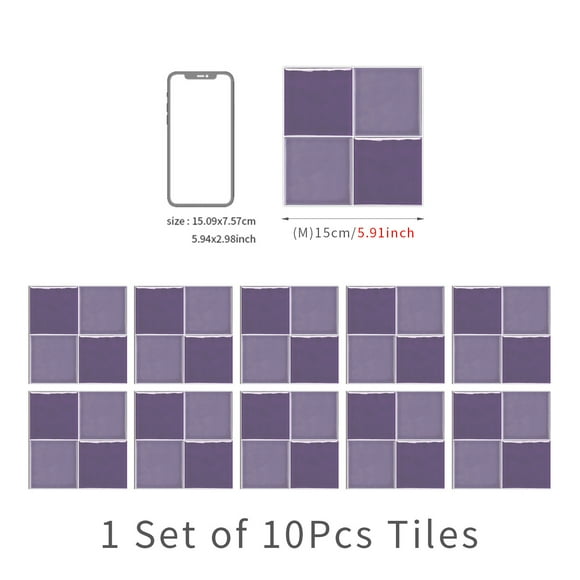 Xiao Hua European style ceramic tile with purple thick crystal film waterproof and stain resistant kitchen and bathroom square self-adhesive wall stickers for home decoration -10 pieces