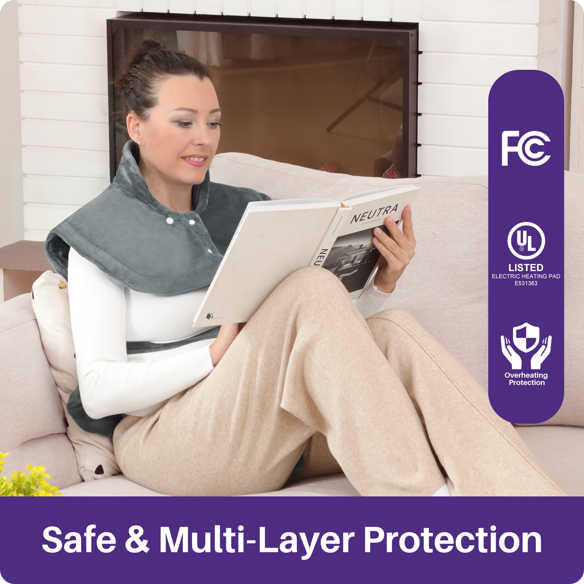 KEKOY Heating Pad for Back, Neck & Shoulders Pain Relief, Wearable Electric Heat Pad with Detachable Belt, 4 Heat Settings, 2-Hour Auto Shut-Off, Fast Heating, 24"x33", Gray
