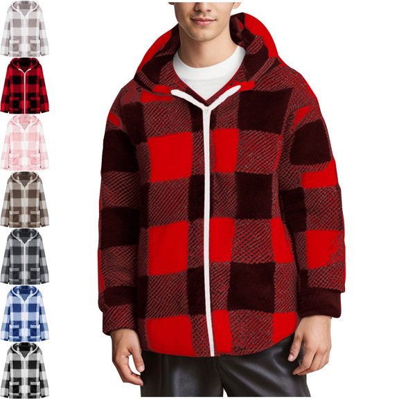 Danhjin Men's Fleece Plaid Jackets Color Block Full Zipper Long Sleeve Fuzzy Hooded Outerwear Causal Fashion Lapel Coats