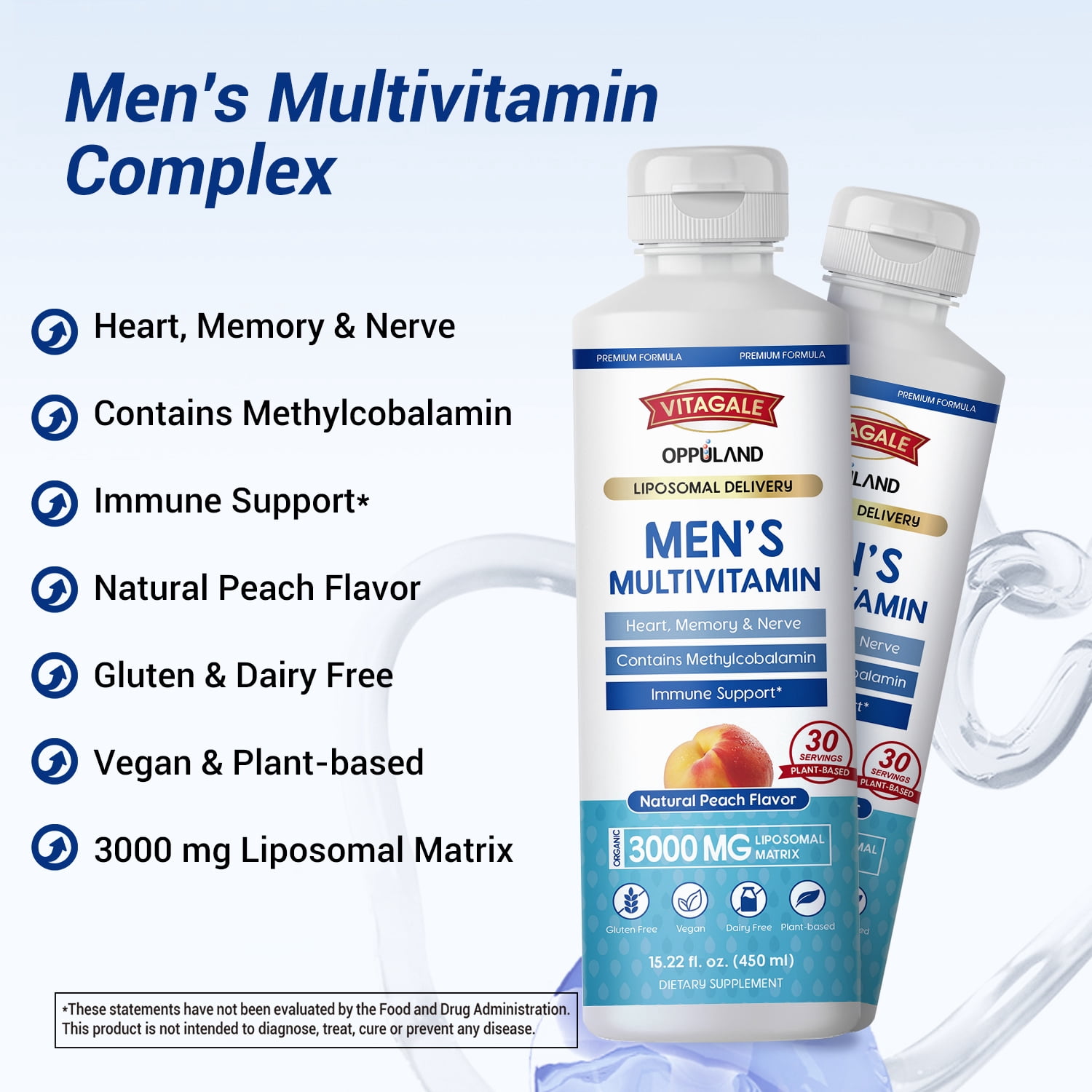 OPPULAND Men’s Multivitamin 450ML of Natural Peach Flavored Supplement Increasing Heart, Memory, and Nervous System, with Omega 3, Liposomal, and 5000MCG of Biotin for Healthy Hair