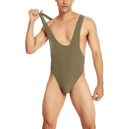 QIUYI Mens Sleeveless High Cut Thong Leotard Bodysuit One Piece Backless Deep U Neck Solid Singlet Undershirt Activewear