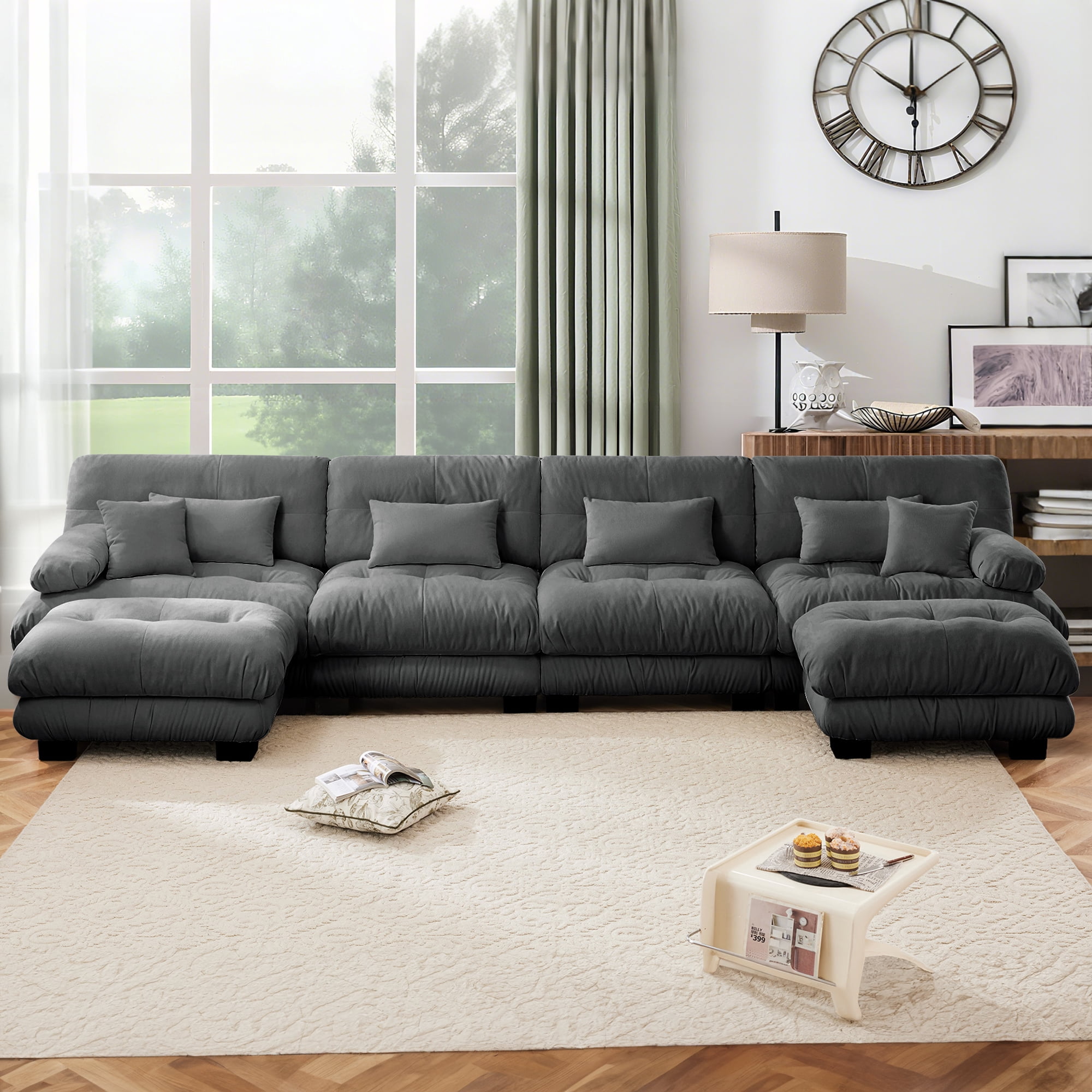FFH 173.2" Modular Sectional Sofa, U Shaped Couch for Living Room, 4-Seater Comfy Cloud Couch with Deep Seat (Chenille Dark Gray, 4 Seater with 2 Ottomans)