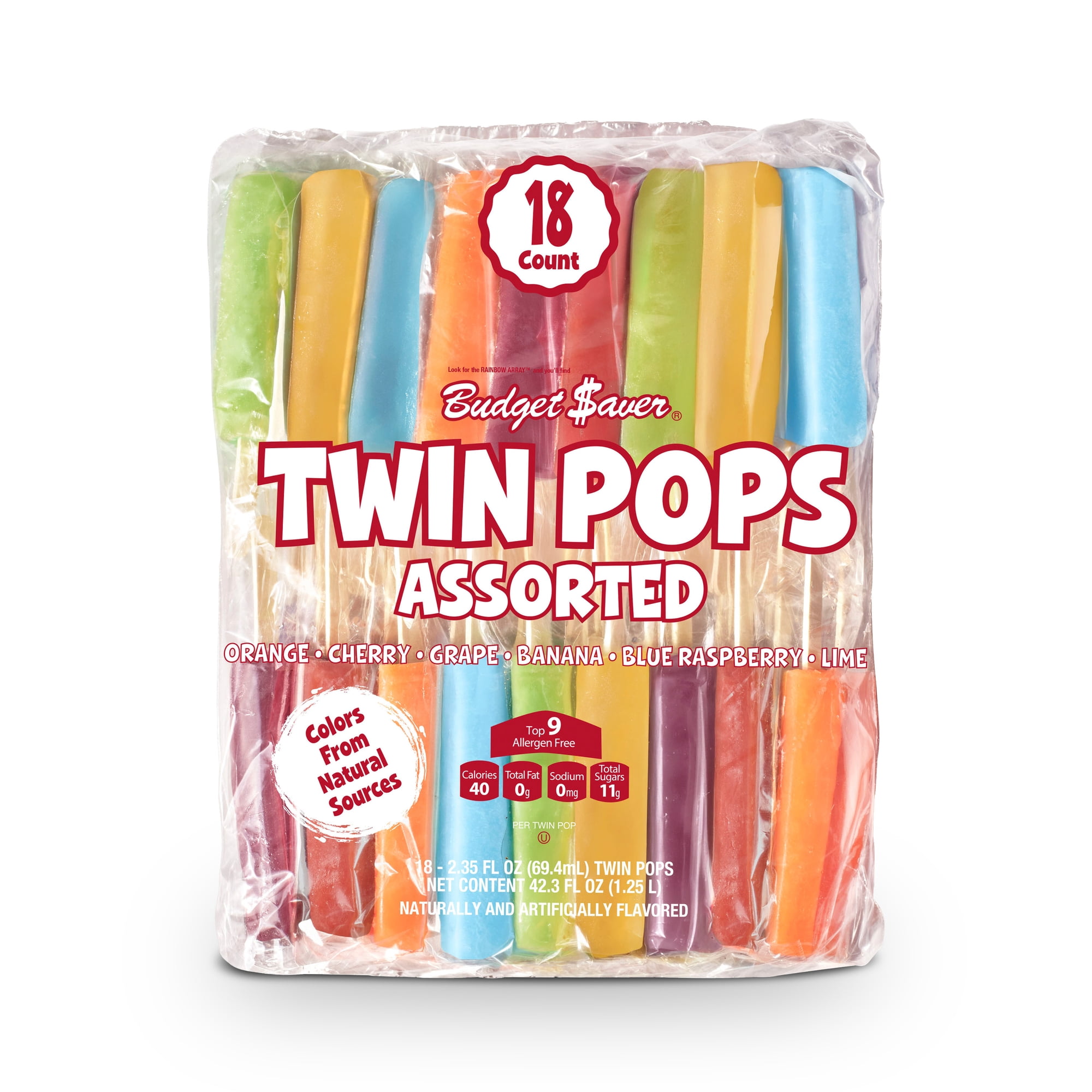Budget Saver Twin Pops, Assorted Flavors, 18 Count, Frozen Popsicles, Cherry, Banana and More