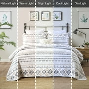 Bedduvit 100% Cotton King Size Quilt Set - Bohemian White & Charcoal Geometric Striped Quilt King, Boho Breathable Bedspread for All Season, 3-Piece Lightweight Summer Comforter Bedding Set, 98x106