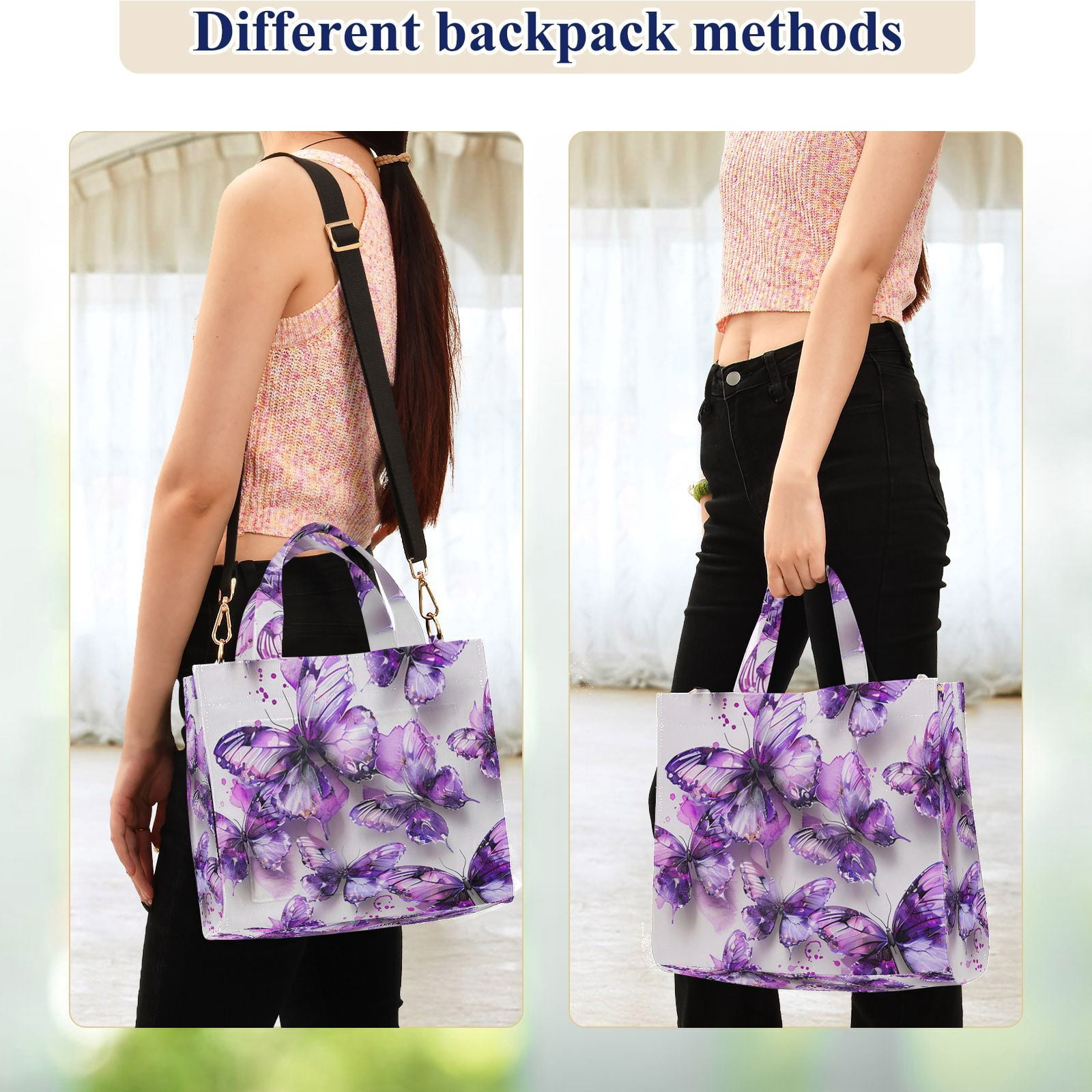 Purple Butterflies Watercolor Corduroy Tote Bag Handbag Large Messenger Bag Shoulder Crossbody Zipper Bag Purse