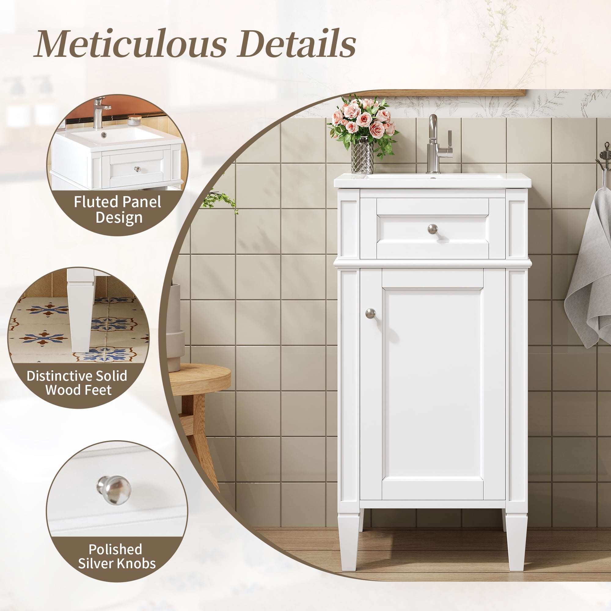Harper & Bright Designs 16" Free Standing Single Basin Vanity Set, Bathroom Vanity with Sink Combo with Door and Adjustable Shelf, Bathroom Sink Storage Cabinet for Small Space, White