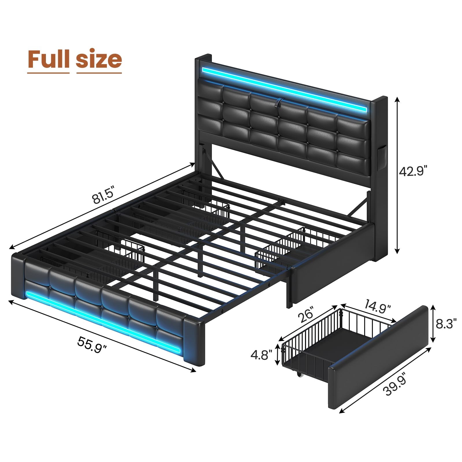 Full Size Upholstered Bed Frames with Headboard & Drawers, Platform Bed Frame with LED Light and Charging Station, Storage,No Box Spring Needed, Easy Assembly, Black PU