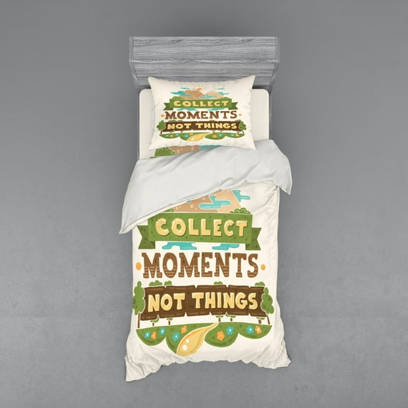 Saying Duvet Cover Set, Mountainous Design with Flowers and Landscape Layout Wise Saying, Bedding Set with Shams and Fitted Sheet, 3 Sizes, by Ambesonne