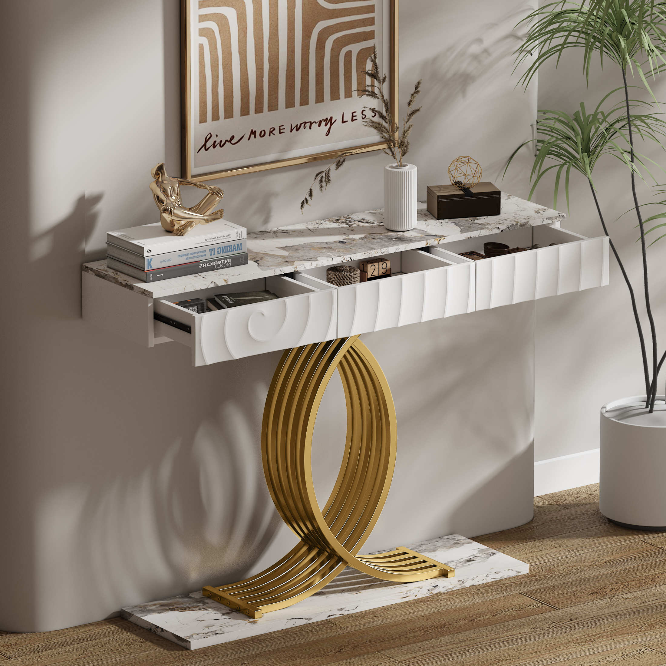 Noble House Arvion 47.3" Narrow Entryway Console Table with Storage Drawers & Geometric Metal Legs, White & Gold