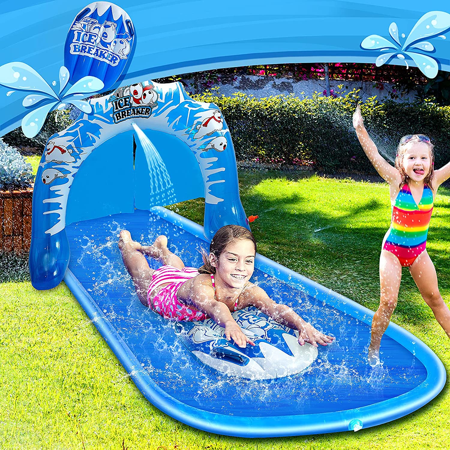 20FT Lawn Water Slides for Kids Backyard,Surf Rider Double Sliding Lane,Outdoor Garden Slip Slide with Splash Sprinkler and Crash Pad for Children Summer Backyard Pool Water Toys