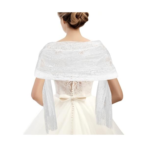 wonima44 Sheer Shawl, White Lace Shawl, Summer Evening Scarf Formal Soft Floral Scarf Mesh Fringe Wraps with Tassels Suitable for Women's Wedding Evening Party Dress and Daily Matching
