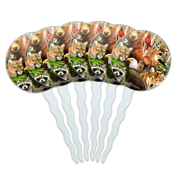 Bear Eagle Cougar Wolf Racoon Deer Animals Cupcake Picks Toppers Decoration Set of 6