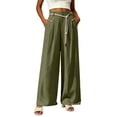 thumbnail image 2 of Women's Cotton Linen Loose Fit Pants for Women with Pockets, Mid Elastic Waist Straight Leg, Casual Soft Lightweight, Business Lounge Beach Summer, Womens Trousers | VerBelle,Army Green L, 2 of 7