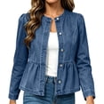 thumbnail image 4 of Women's Cropped Peplum Denim Jacket Round Neck Long Sleeve Button Down Slim Casual Jean Outer Coat Vintage Washed Fall Fashion Tops Dark Blue, 4 of 9