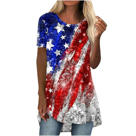 

Women American Flag Print V-Neck Shirts Casual Loose Short Sleeve Independence Day Tunic Blouse Tops Patriotic T-Shirt