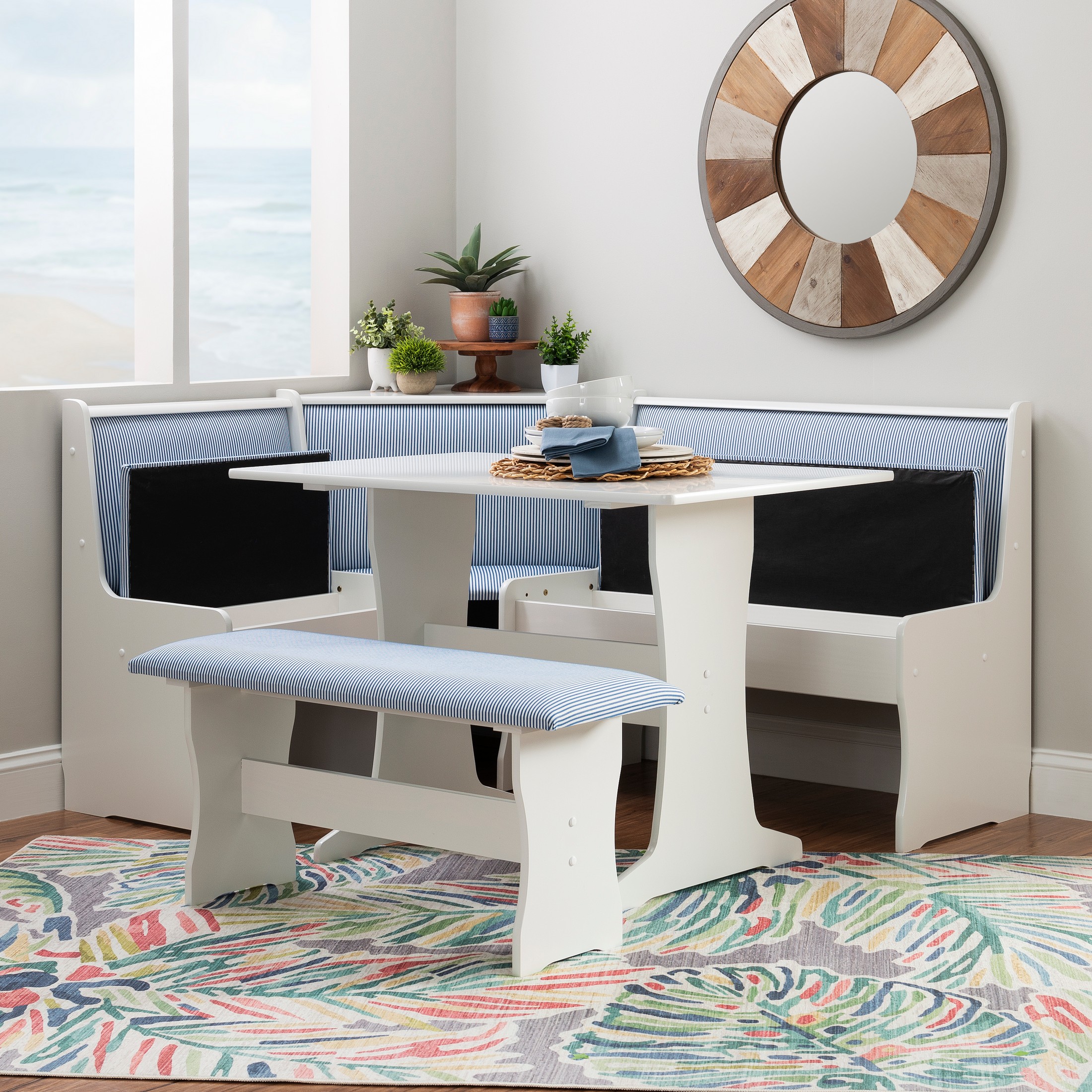 Linon Stella Corner Dining Breakfast Nook with Storage, Table and Bench, Seats 5, White with White and Striped Blue Fabric - image 4 of 28