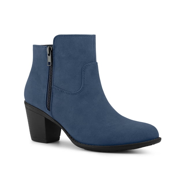 Unique Bargains Women's Chunky Heels Side Zipper Ankle Booties DarkBlue US 9.5
