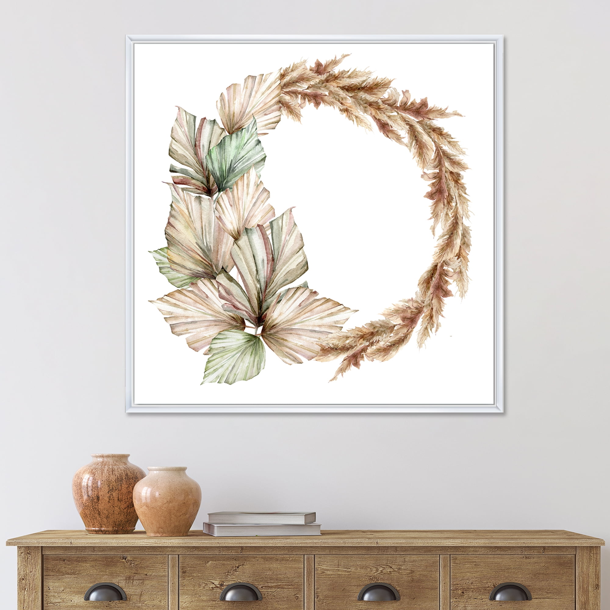 Dry Palm Leaves and Pampas Grass With Wreath 30 in x 30 in Framed Painting Canvas Art Print, by Designart