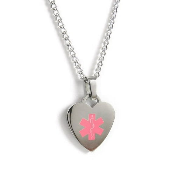 MyIDDr - Diabetic Medical ID Heart Pendant Necklace Stainless steel, Pre-Engraved Pink