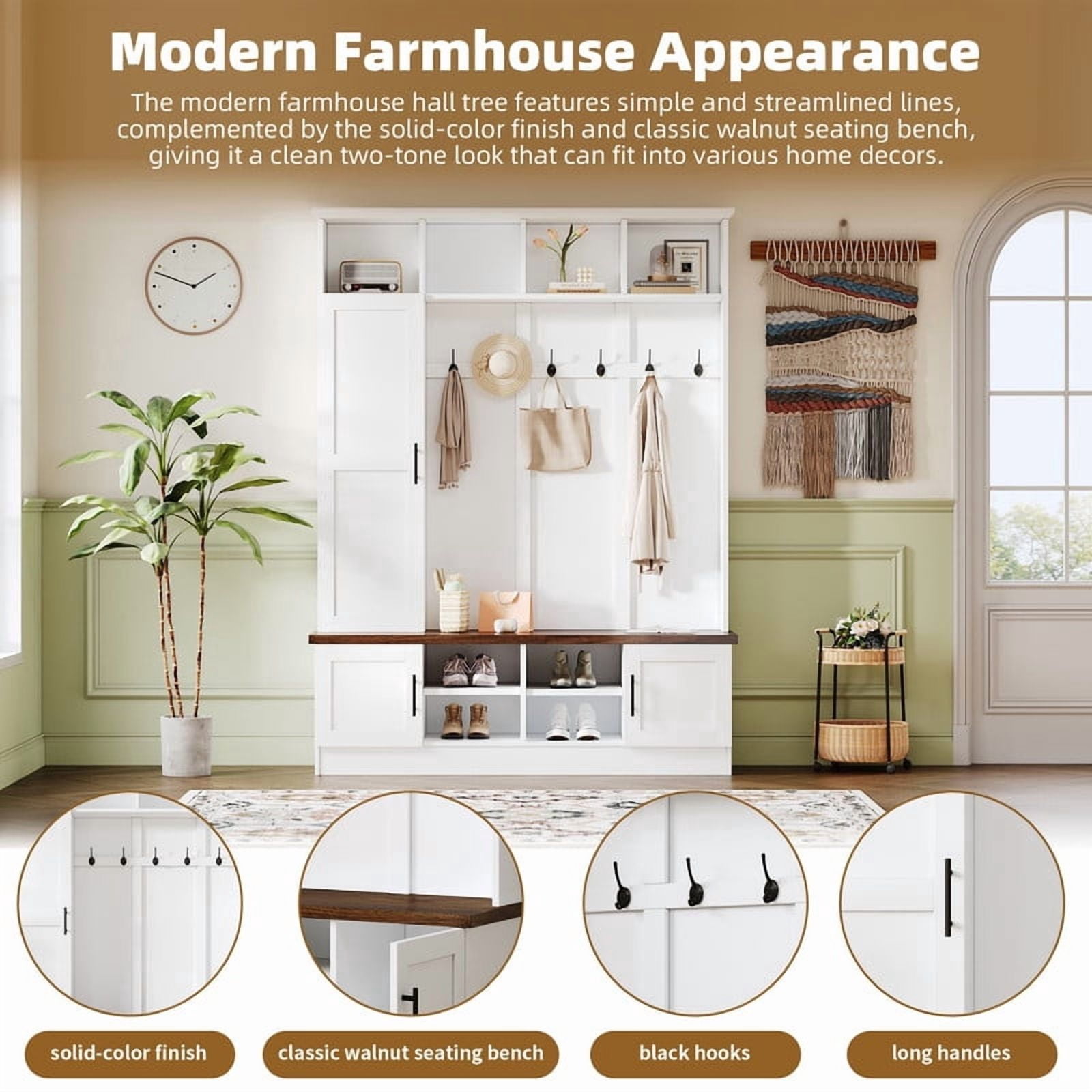 Farmhouse 3-in-1 Hall Tree with 6 Hooks, Entryway Coat Rack with Adjustable Shelves, Versatile Shoe Storage Bench with Open Cubbies