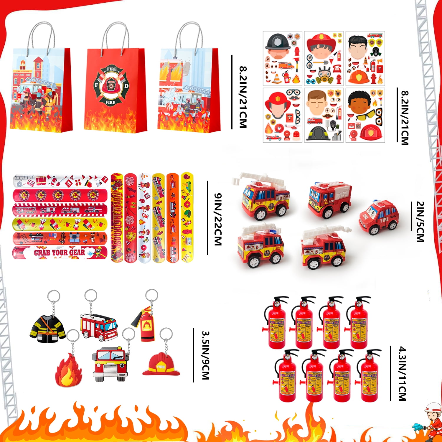 72pcs Firefighter Birthday Party Favors,Fire Truck Party Favors Set- Firefighter Party Stickers Slap Bracelets Keychains etc Firefighter Themed Party Favors for Firefighter Party Decorations Supplies