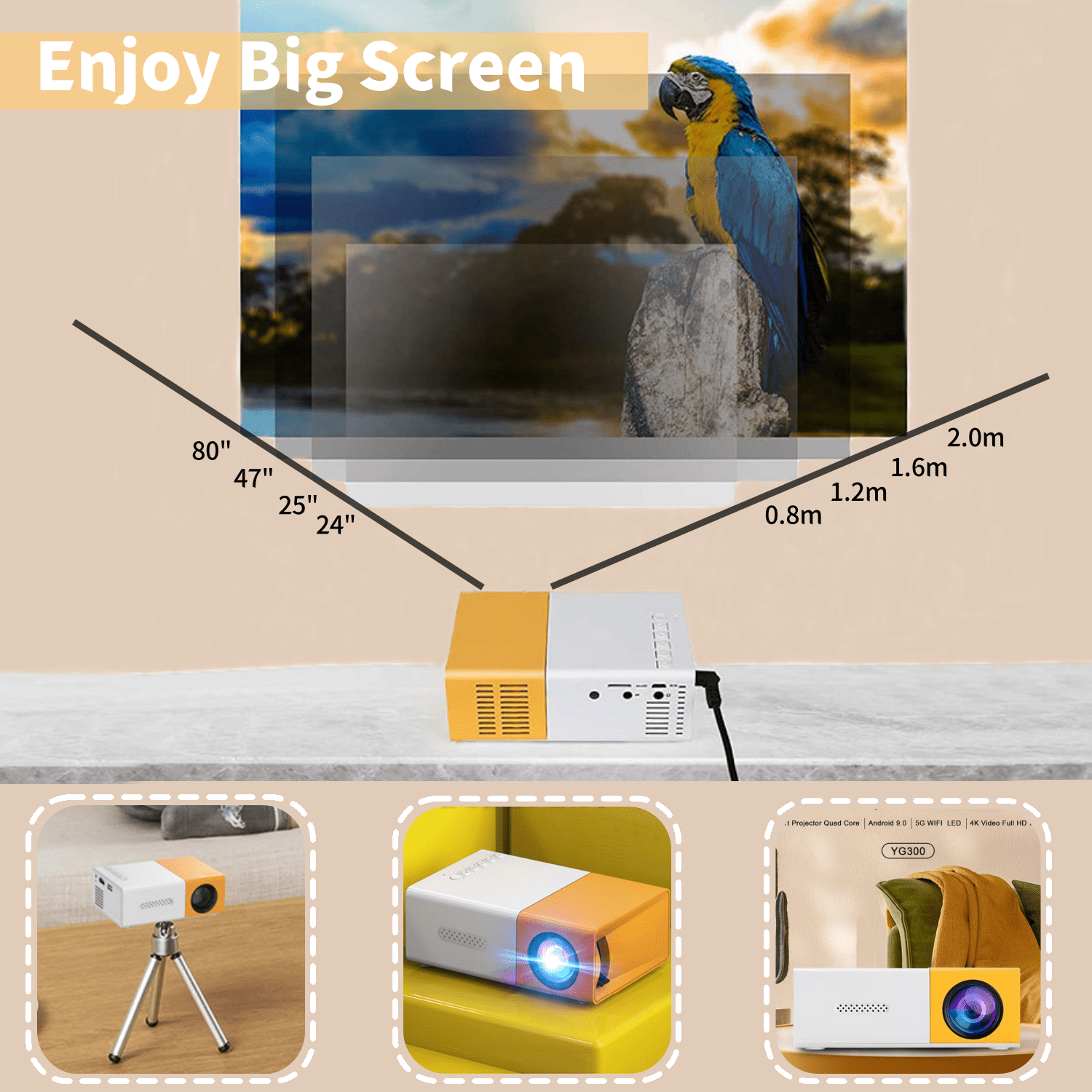 Finopo Mini Projector, Portable Movie Projector, 1920*1080p HD Smart Home Projector, LED Pico Video Phone Projector with Remote Control