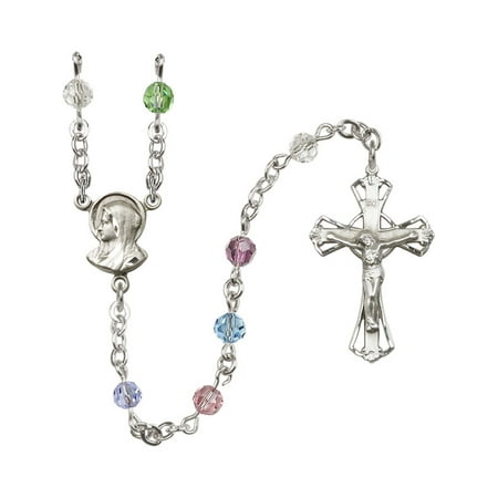 - Sterling Silver Rosary 5mm Multi-Color Swarovski beads Crucifix sz 1 1/4 x 3/4. Madonna medal charm