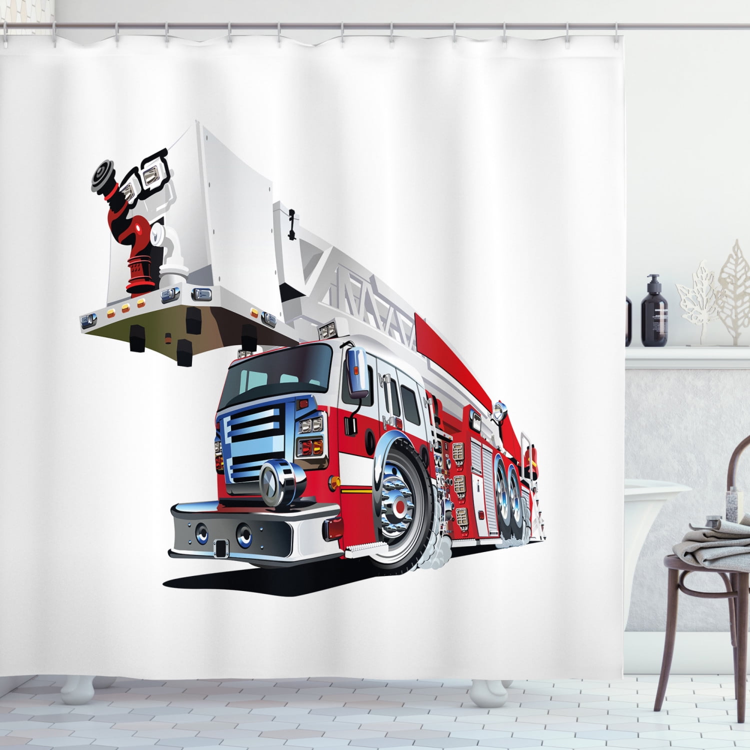 Ambesonne Truck Shower Curtain, 911 Emergency Illustration, 69"Wx70"L, Blue Grey Red