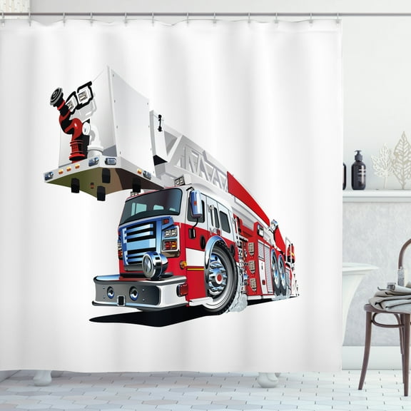 Ambesonne Truck Shower Curtain, 911 Emergency Illustration, 69"Wx84"L, Blue Grey Red
