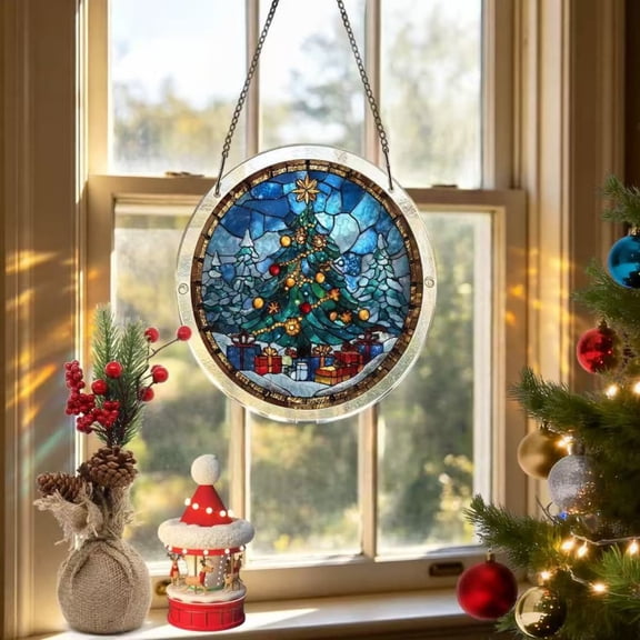 Wodellrrea Christmas Acrylic Suncatcher Puzzle, Tree Window Hanging Ornament, Stained Glass Style Decor, Blue Snowy Tree, Colorful DIY Assembly Craft with Hanging Chain for Indoor Window Display