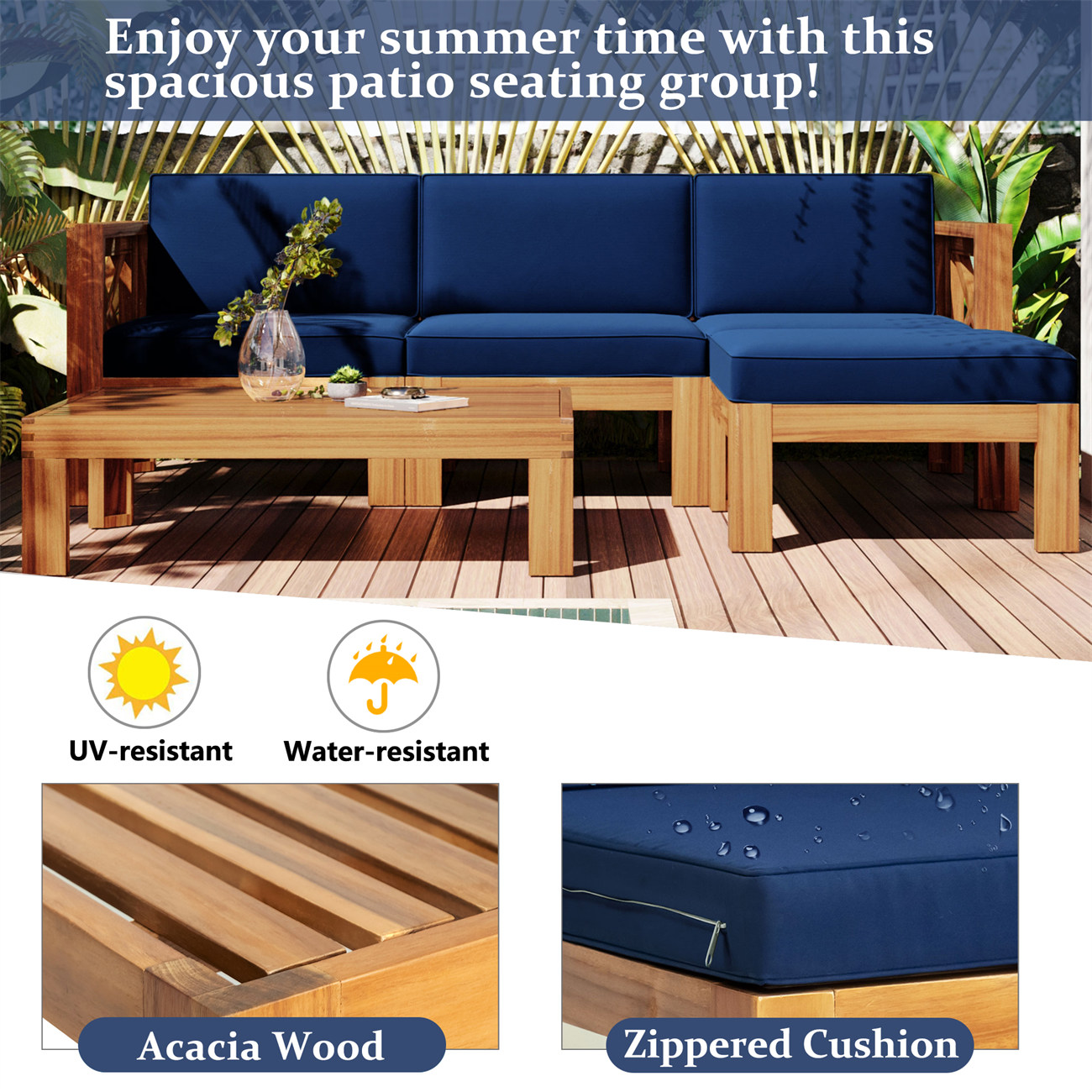 SEGMART 5 PCS Outdoor Acacia Wood Sofa Patio Furniture Set, Cushioned Sectional Sofa Set Chair with Ottoman and Coffee Table for Garden Balcony Poolside Living Room, Blue Cushions - image 3 of 10