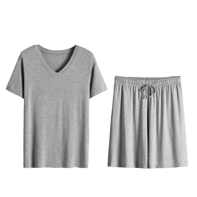 Men's Pajama Set Lightweight Quick Drying Short Sleeve V-Neck Shirt with Soft Comfortable Shorts for Relaxing Sleep