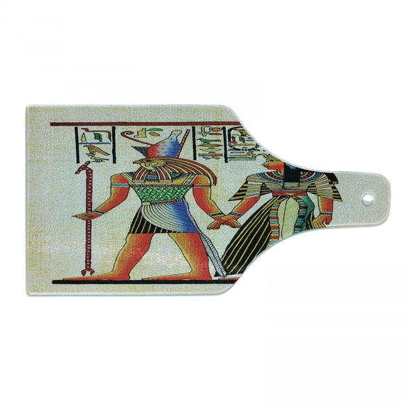 Egyptian Print Cutting Board, Papyrus with Historical Characters Elements Building Old Retro Culture Art, Tempered Glass Cutting and Serving Board, Wine Bottle Shape, Multicolor, by Ambesonne