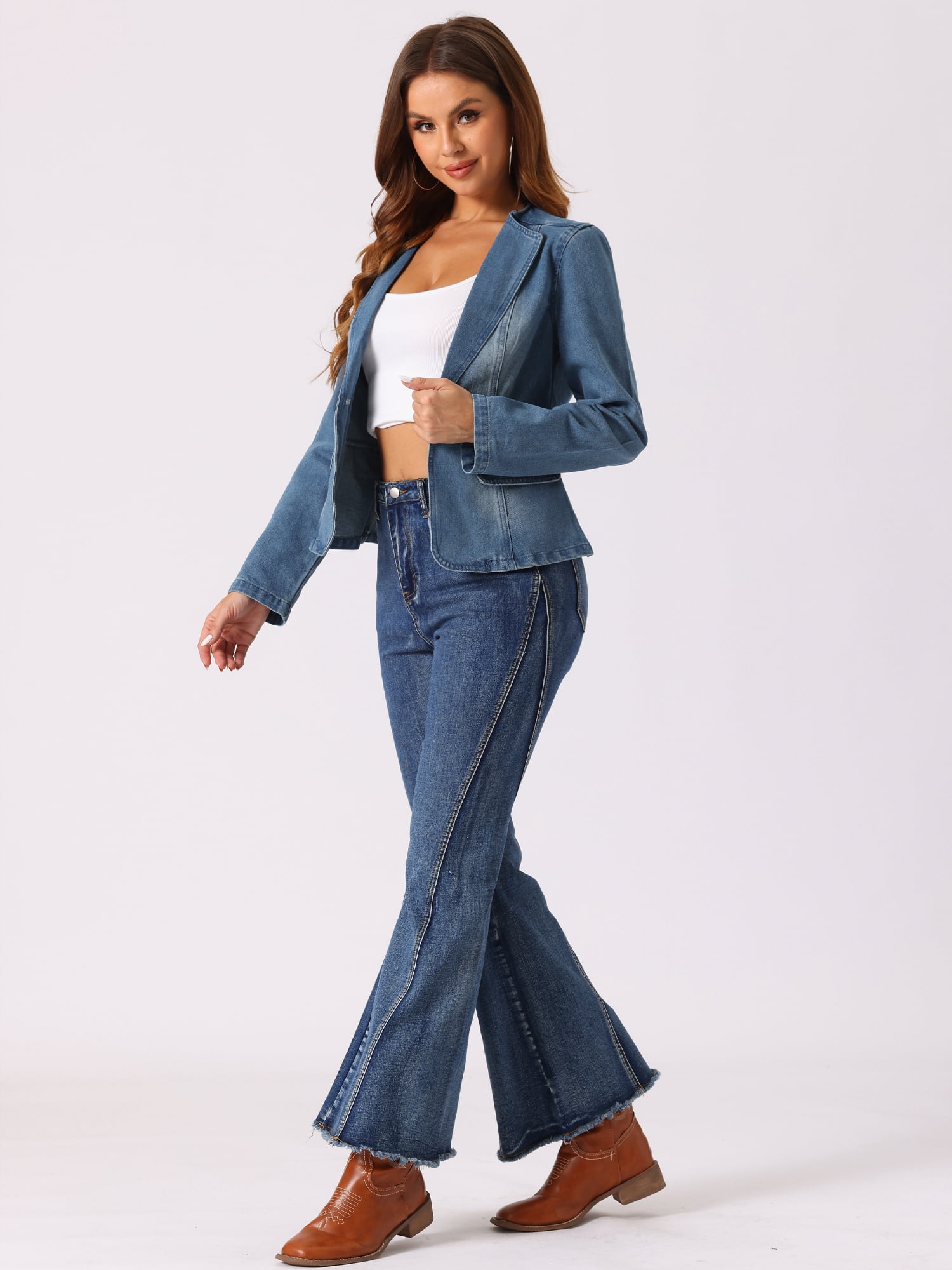 DARING DIVA Women's Lapel Collar Jean Jacket One Button Work Denim Blazer XL Ice Blue