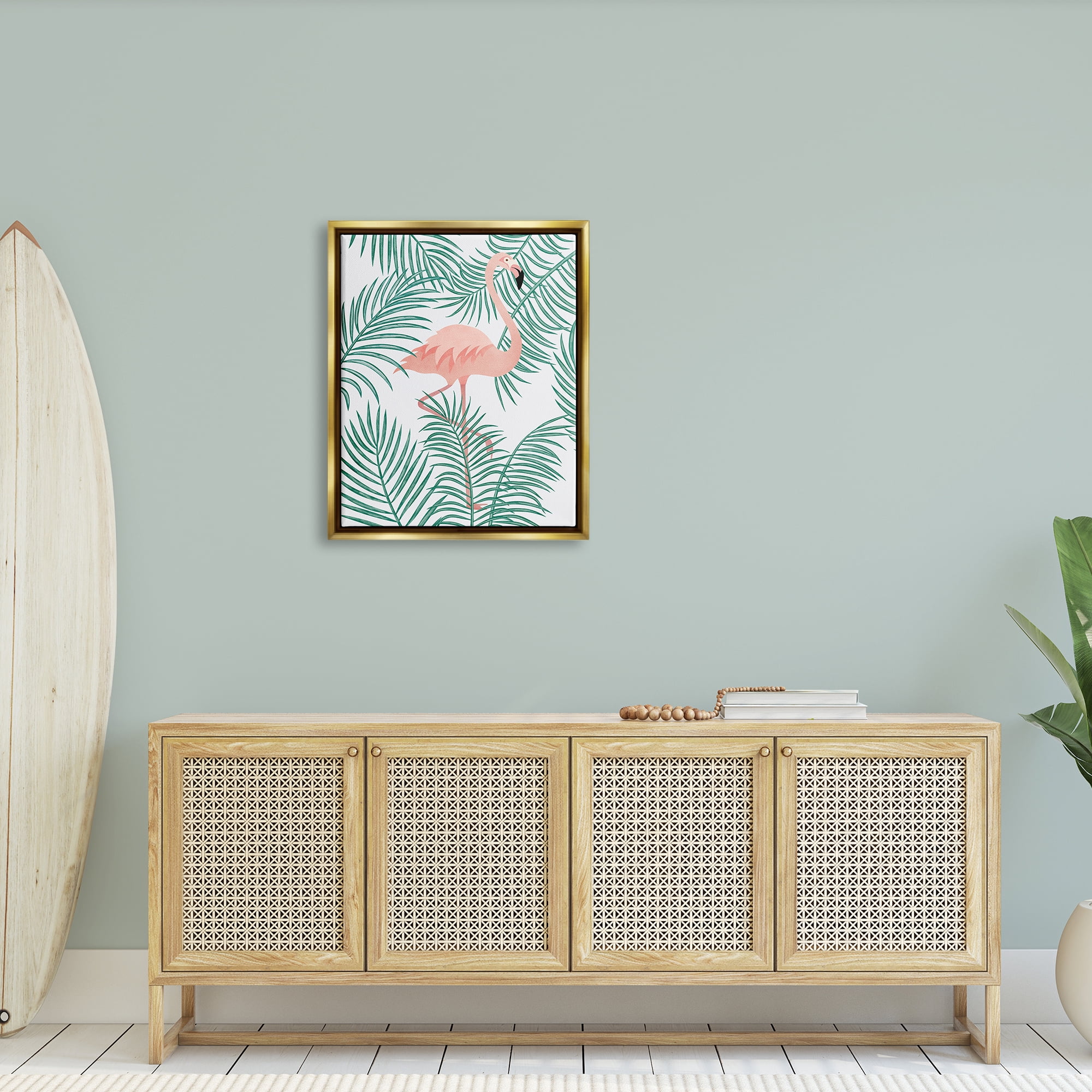 Stupell Flamingo Perched Tropical Palm Leaves Landscape Painting Gold Floater Framed Art Print Wall Art