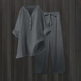 thumbnail image 2 of CIENVNSTG 2 Piece Sets Woman Trendy V-Neck Long Sleeve Linen Shirt Top Drawstring Straight Pants Set Dark Gray S, 2 of 5