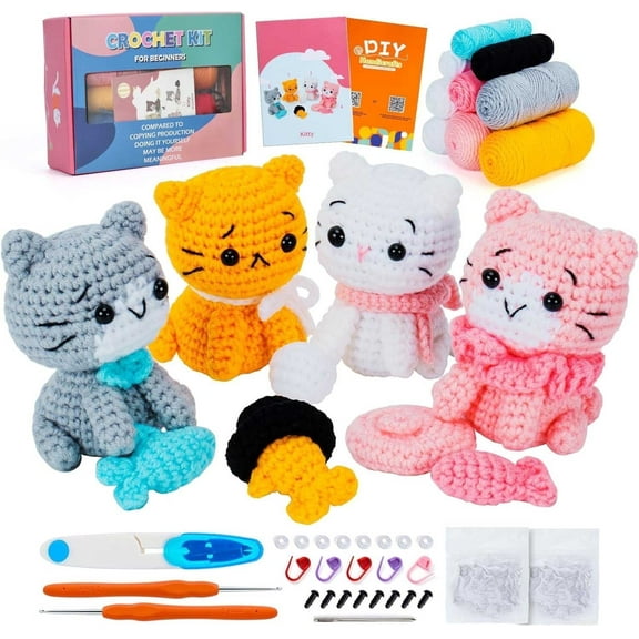 Becikitc Beginner Crochet Kit, 4-Pack Cat Animals with Yarn, Tools and Video Instructions