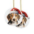 thumbnail image 2 of DistinctInk Hanging Ceramic Christmas Tree Ornament with Gold String - Great Gift/Present - 2 3/4 inch Diameter - American Foxhound Puppy Drawing Design, 2 of 4