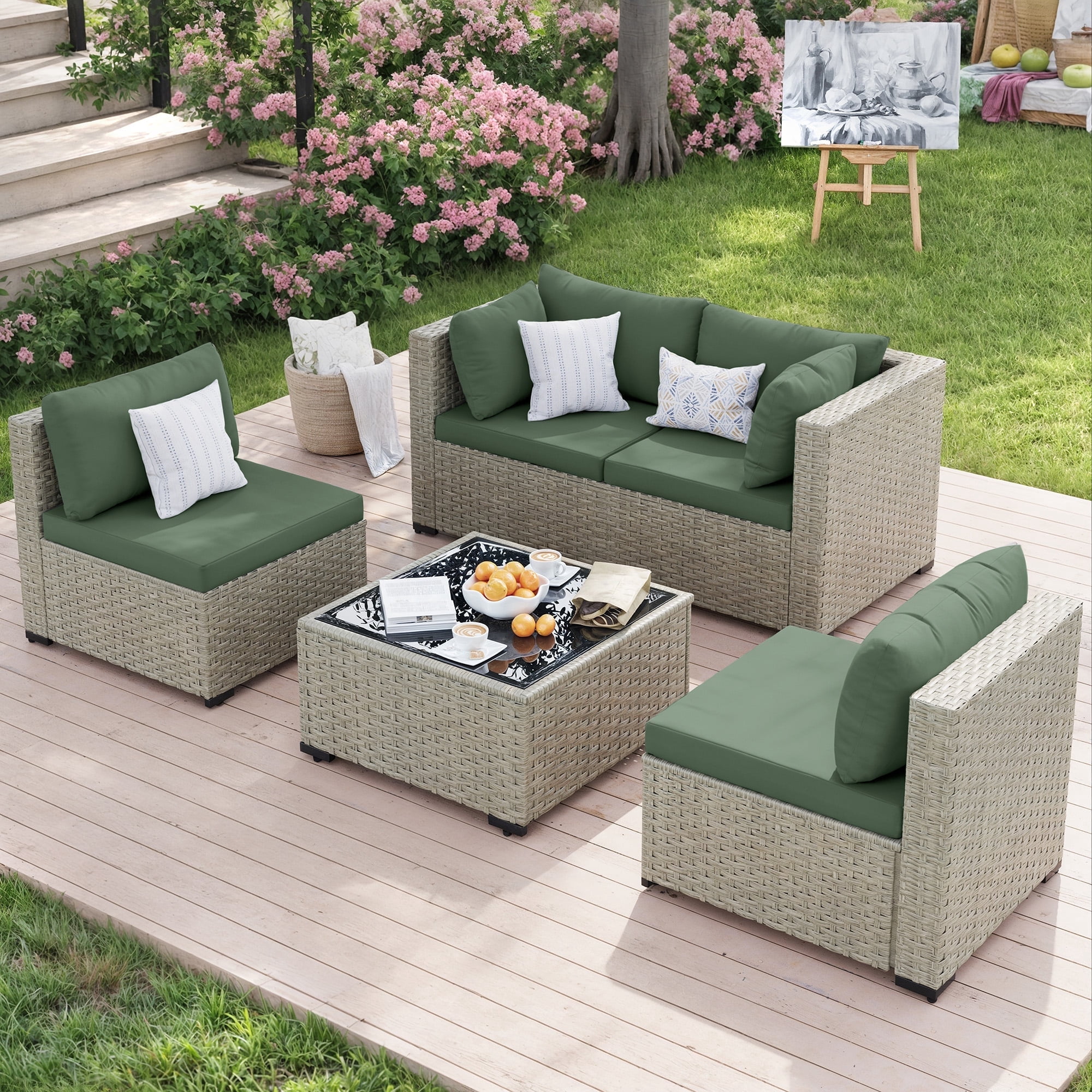 Amopatio 5 Pieces Patio Conversation Set, Outdoor Sectional PE Rattan Wicker Furniture Seat,GREEN