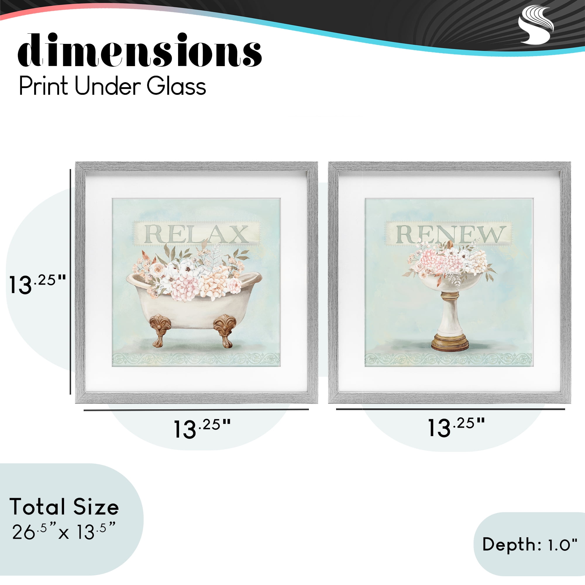 Stupell Industries Antique Florals Relax Renew 2 Piece Gray Framed Print Under Glass Set, design by Mollie B.