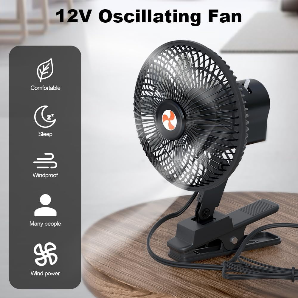 12 Volt Oscillating Fan, Portable Car Fan Wide-Bound Cooling Ventilation, Car DC Clip Fan, Truck, RV, Automotive 12v Fan