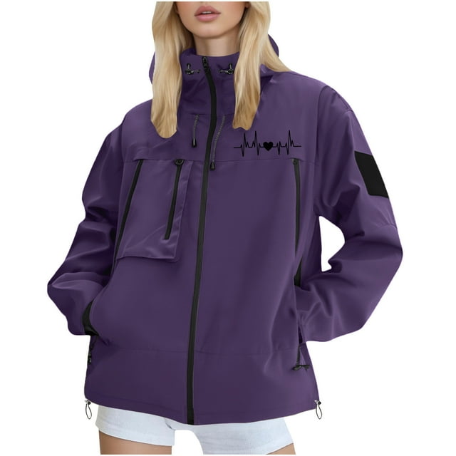 JGGSPWM Manteau de Pluie pour Femmes Veste à Poches à Fermeture Éclair Imperméable Manteau de Pluie Léger Coupe-Vent de Randonnée avec Capuchon Violet TG