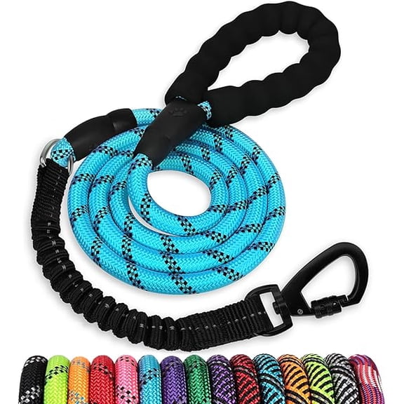 Eryueer Rope Dog Leash 5 FT: Heavy Duty Leashes with Swivel Lockable Hook Reflective Threads Bungee and Padded Handle - Dog Lead for Large Small Medium Dogs Outside Walking Hiking Blue
